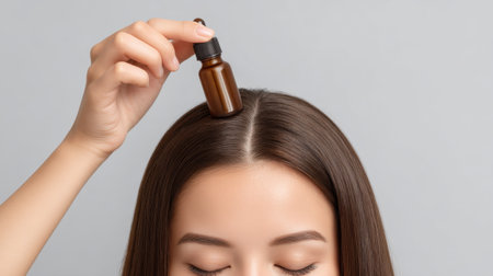 A close-up of a hand holding a dropper bottle above a woman head, emphasizing beauty and hair care. Ideal for promoting natural hair treatment and wellness.の素材