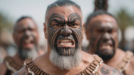 A powerful scene showcasing tattooed Maori warriors expressing cultural pride during a traditional performance, highlighting their emotional intensity and connection to heritage.の素材