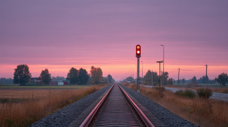 A stunning view of a railway track stretching into the distance at dawn, featuring a vibrant sky and a red signal light amidst a tranquil rural setting.の素材