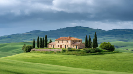 A picturesque farmhouse nestled in the rolling hills of the Italian countryside, surrounded by lush greenery and towering cypress trees beneath a moody sky.の素材