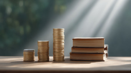 A serene composition featuring stacks of golden coins next to closed books illuminated by soft sunlight, symbolizing the intersection of finance and education.の素材