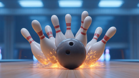 An exciting bowling moment captures a black bowling ball striking the pins, sending them flying with sparks, showcasing action and energy in a vibrant bowling alley.の素材