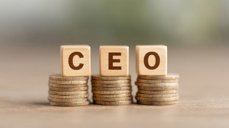 Symbolic representation of leadership with wooden blocks spelling CEO atop stacks of coins, highlighting themes of financial success and corporate ambition.の素材