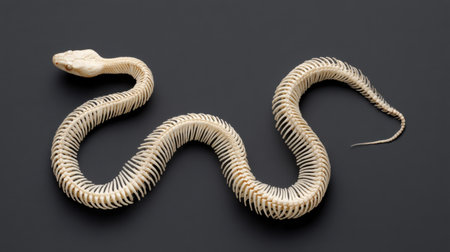 A striking skeletal view of a snake displayed against a dark background, showcasing the intricate bone structure ideal for educational and scientific exploration.の素材