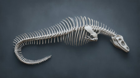 This captivating image showcases a detailed skeleton of a marine creature on a dark background, highlighting the intricate structure and unique anatomical features, perfect for educational purposes.の素材