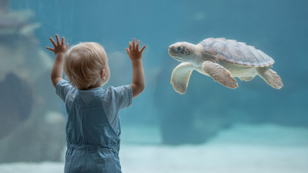 A young child in blue overalls stands against the glass of an aquarium, entranced by a sea turtle. The scene illustrates a magical moment of connection with nature and education.の素材