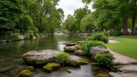 A serene view of a riverbank featuring rocky outcrops and lush greenery, reflecting tranquility and natural beauty in a peaceful outdoor environment. Ideal for nature lovers.の素材