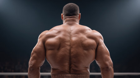 A powerful athlete stands poised in a boxing ring, showcasing an impressive muscular build. The atmosphere is electric, emphasizing strength and determination in sports.の素材