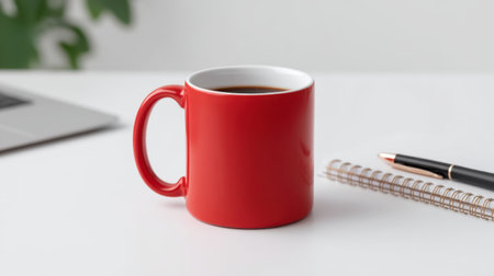 A vibrant red ceramic coffee mug sits on a clean white desk alongside a black pen and notebook, creating a stylish and inviting workspace atmosphere.の素材