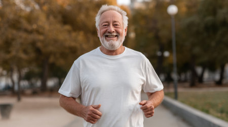 A cheerful senior man enjoys jogging in a peaceful park, showcasing vitality and a commitment to health. The scenery highlights nature beauty and outdoor activity.の素材