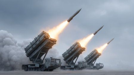Three mobile rocket launchers are seen firing missiles with flames and smoke in a dramatic sky setting, showcasing powerful military technology and readiness for action.の素材