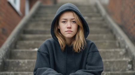 A young woman in a gray hoodie sits alone on outdoor steps, expressing emotions of deep contemplation and seriousness in a serene urban environment.の素材