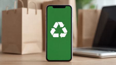 Smartphone displays a recycling symbol on a green screen, highlighting the importance of sustainability and eco-friendly practices in today digital age.の素材