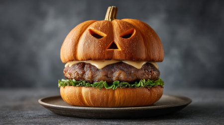 A delicious Halloween-themed burger featuring a pumpkin bun and a juicy beef patty with cheese, highlighting creativity and seasonal flair perfect for parties.の素材