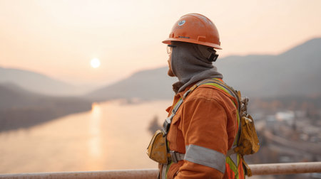 A construction worker in safety gear stands confidently at a scenic overlook. With the setting sun illuminating the river valley, this image captures focus and perseverance.の素材