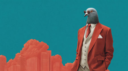 A unique artistic image features a pigeon wearing a vibrant red suit amidst a bright blue backdrop with a city skyline and colorful clouds, offering a whimsical touch to urban themes.の素材