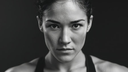 A striking black and white portrait of a focused female athlete with a determined expression, highlighting her sweat and intense gaze, embodying strength and resilience.の素材