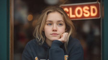 A thoughtful young woman gazes out of a cafe window, resting her chin on her hand. The scene captures her contemplative mood with a closed sign in view.の素材