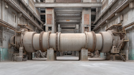 A striking image of large industrial machinery in an abandoned factory, featuring concrete walls, rusted equipment, and an overall sense of decay and neglect.の素材