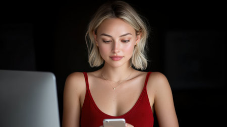 A young woman engrossed in her smartphone while seated by a computer in a softly lit environment, showcasing modern technology and emotional engagement.の素材
