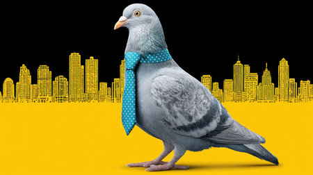 This image features a pigeon in a blue polka dot tie, standing confidently in front of a bright yellow city skyline, combining humor with urban lifestyle aesthetics.の素材