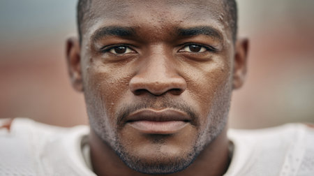 This captivating close-up features a male athlete deeply focused and expressing determination before a competition, showcasing strength and emotion.の素材