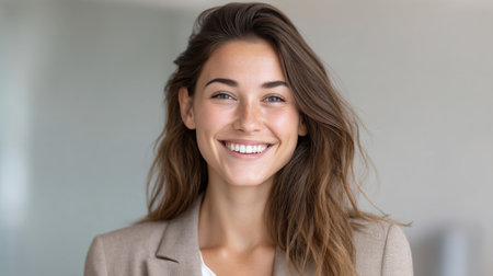 A young woman with a bright smile showcases confidence in a professional setting. The warm lighting enhances her joy, making it ideal for business and lifestyle themes.の素材