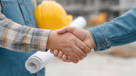 Two construction workers shake hands at a building site, showcasing teamwork and collaboration, with blueprints and a safety helmet highlighting their professional engagement.の素材