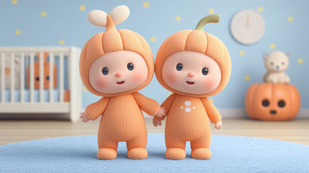 Charming cartoon characters dressed as pumpkins bring a joyful vibe to a cozy nursery, perfect for autumn inspiration and enhancing playful interior design.の素材