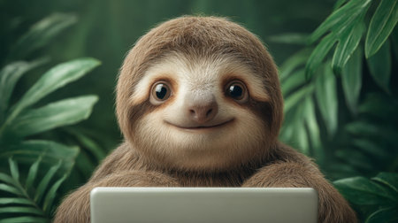 A charming sloth with a big smile sits in front of a laptop, surrounded by lush green leaves. This image captures a serene moment of wildlife embracing technology in nature.の素材