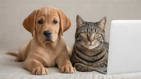 A cute puppy and a tabby cat sit side by side near a laptop, illustrating the joy of animal companionship. The scene radiates warmth and comfort, perfect for pet lovers.の素材