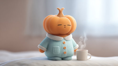 This charming scene features a cute pumpkin character dressed in cozy pajamas, holding a steaming cup in a warm and inviting setting, evoking feelings of comfort and joy.の素材