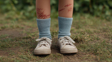 Capturing the essence of childhood, this image features a child's legs adorned with scratches, standing in soft grass, evoking themes of innocence, adventure, and playful exploration.の素材