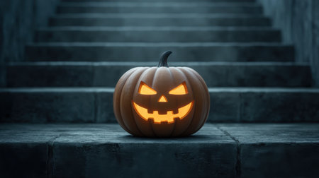 A glowing jack-o'-lantern with a spooky expression sits on stone steps, perfect for capturing the essence of Halloween and the autumn season. Ideal for festive themes.の素材