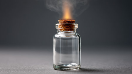 A captivating glass vial sealed with a cork that emits delicate wisps of smoke, evoking a sense of mystery and creativity in photography and design contexts.の素材