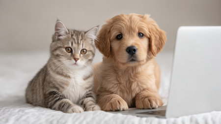 A cute cat and a fluffy puppy are sitting closely together on a soft bed, gazing at a laptop. This heartwarming scene captures the essence of companionship and joy in pets.の素材