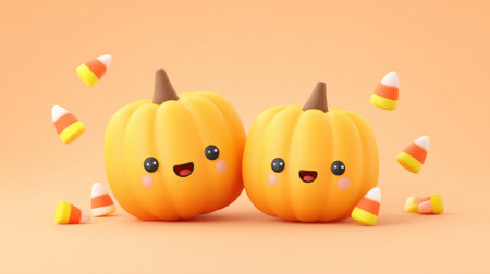Adorable cartoon pumpkins with happy faces sit amidst bright candy corn on a warm orange backdrop, ideal for conveying seasonal joy and festive autumn spirit.の素材