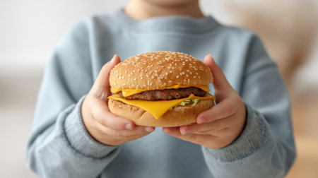 A cheerful child holds a tender cheeseburger, showcasing melted cheese and fresh ingredients, capturing the joy of food in a cozy kitchen atmosphere.の素材