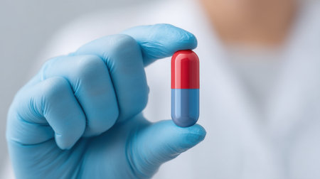 A detailed close-up of a hand in a blue glove holding a colorful capsule, showcasing the importance of medication in healthcare and pharmaceutical contexts.の素材