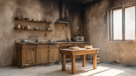 A hauntingly beautiful image of a burnt kitchen with charred walls and wooden furniture, reflecting the aftermath of a devastating fire and the passage of time.の素材