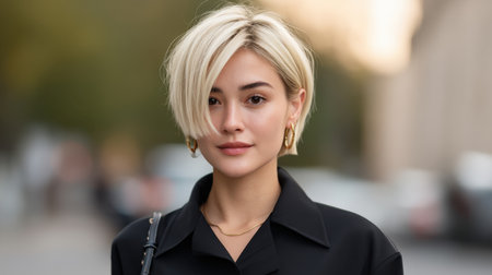A confident young woman with short blonde hair stands outdoors in a stylish black outfit. Her modern look and serene expression reflect contemporary fashion trends.の素材