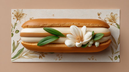 Delightful and visually stunning dessert featuring a soft pastry filled with creamy layers and adorned with beautiful flowers, perfect for food inspiration.の素材