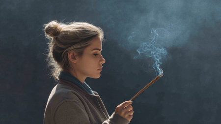 A serene young woman observes the smoke from an incense stick, embodying tranquility and mindfulness within a soft-lit space, perfect for wellness or meditation themes.の素材