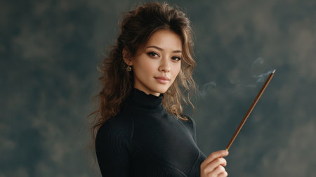 A captivating portrait of a young woman in a black turtleneck, elegantly holding a magic wand. The smoky background adds an ethereal touch, enhancing the mystique and allure.の素材