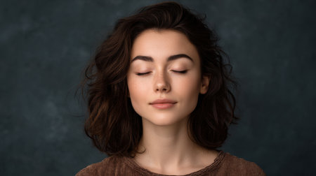 A young woman with closed eyes exudes calmness and serenity against a dark background. Her natural beauty and relaxed expression evoke feelings of peace and tranquility.の素材