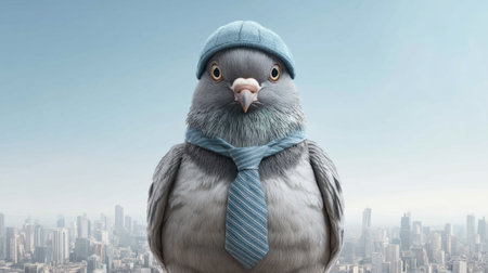 A whimsical depiction of a pigeon in business attire, complete with a blue hat and tie, set against a modern city skyline, combining humor and creativity in a unique scene.の素材