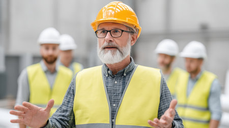 A senior construction worker in a yellow hard hat conducts a safety meeting with team members in a modern industrial environment, emphasizing communication and leadership.の素材