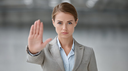 A confident businesswoman conveys authority through a stop gesture in a modern office setting. Her serious expression and professional attire reflect determination and assertiveness.の素材