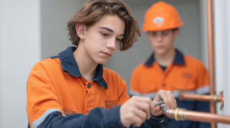 A young male apprentice demonstrates his plumbing skills in a training environment, focusing on precise work and learning. Ideal for educational and trade themes.の素材