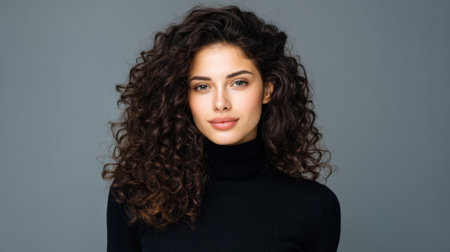 Captivating portrait of a young woman with stunning curly hair wearing a chic black turtleneck. Her confident expression creates an elegant and modern appeal.の素材